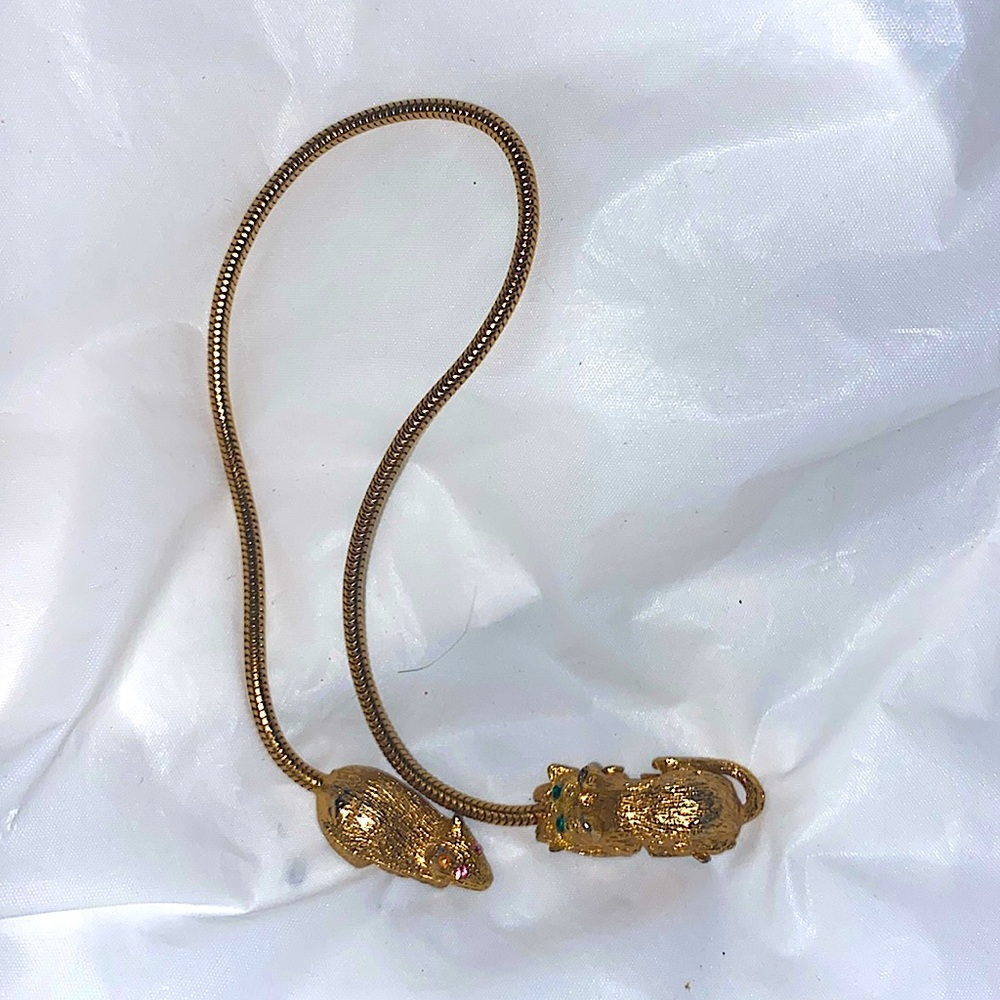 Cat And Mouse Gold Tone Bookmark Jeweled Eyes 10 Inch Vintage 1960s
